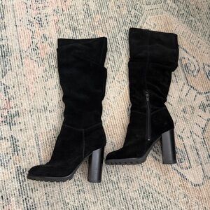 Black Suede High-Heel Mid-Calf Boots